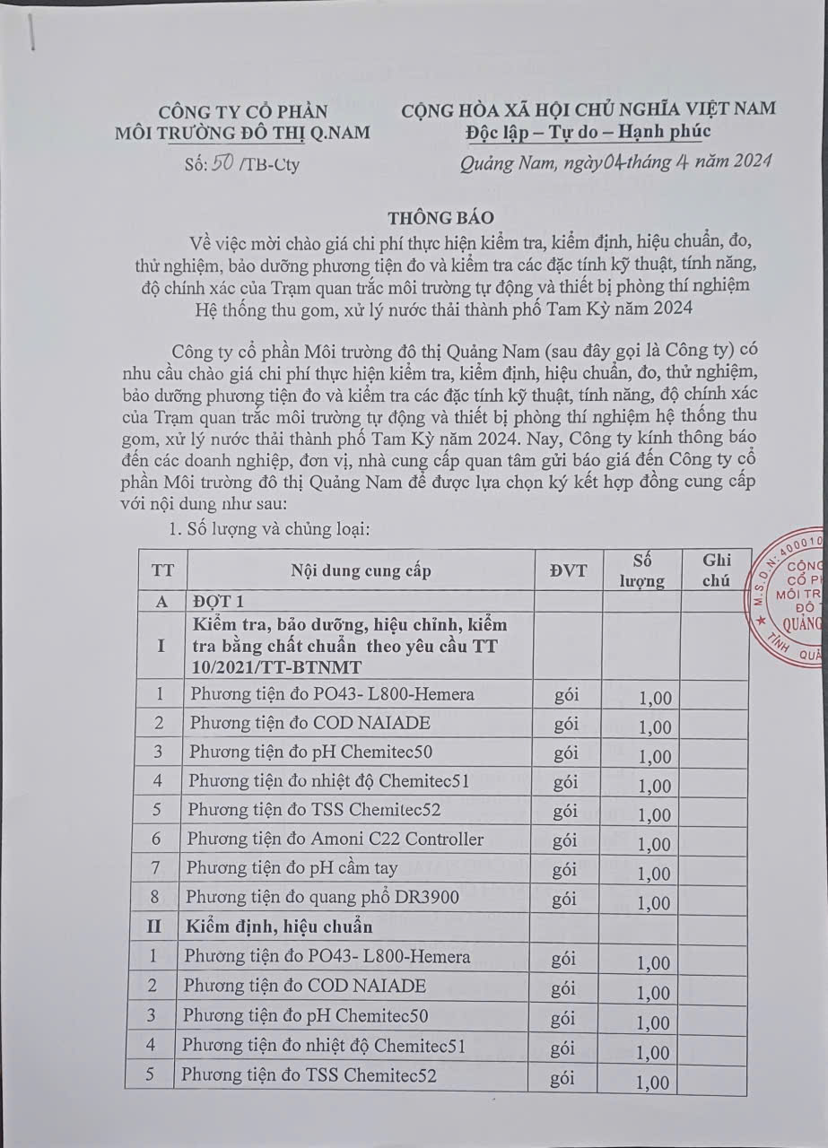 Thông báo mời chào giá chi phí thực hiện, kiểm định, hiệu chuẩn, đo, TN, bảo dưỡng phương tiện đo Trạm quan trắc tự động và thiết bị thios nghiệm Hệ thống thu gom, xử lý nước thải Tam Kỳ năm 2024