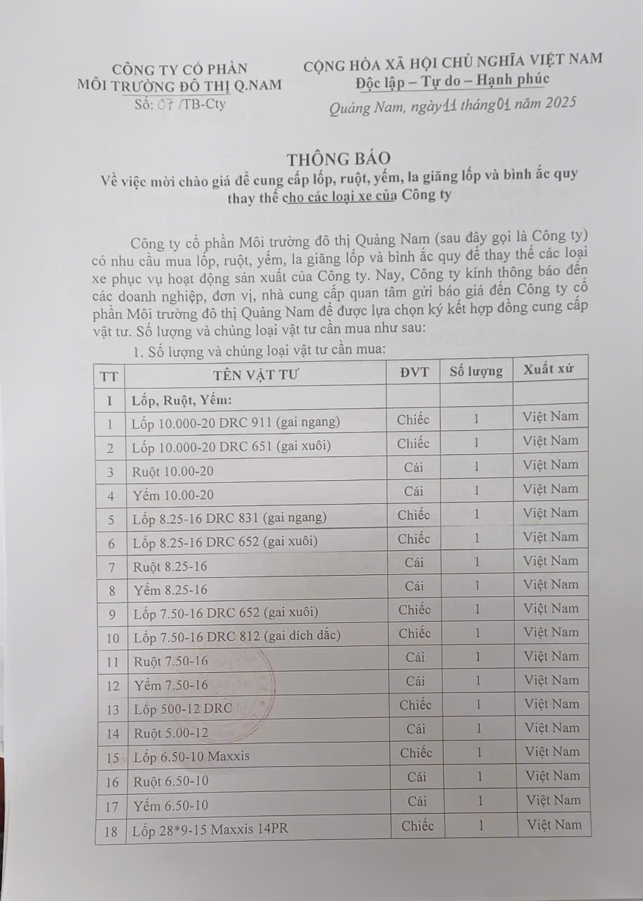 Về việc mời chào giá cung cấp lốp, ruột, yếm, la giăng lốp và bình ắc quy thay thế cho các loại xe của Công ty