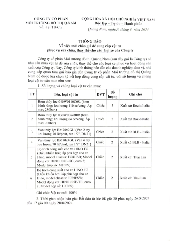 Thông báo mời chào giá cung cấp vật tư phục vụ sửa chữa, thay thế cho các loại xe Công ty (thông báo số 2)