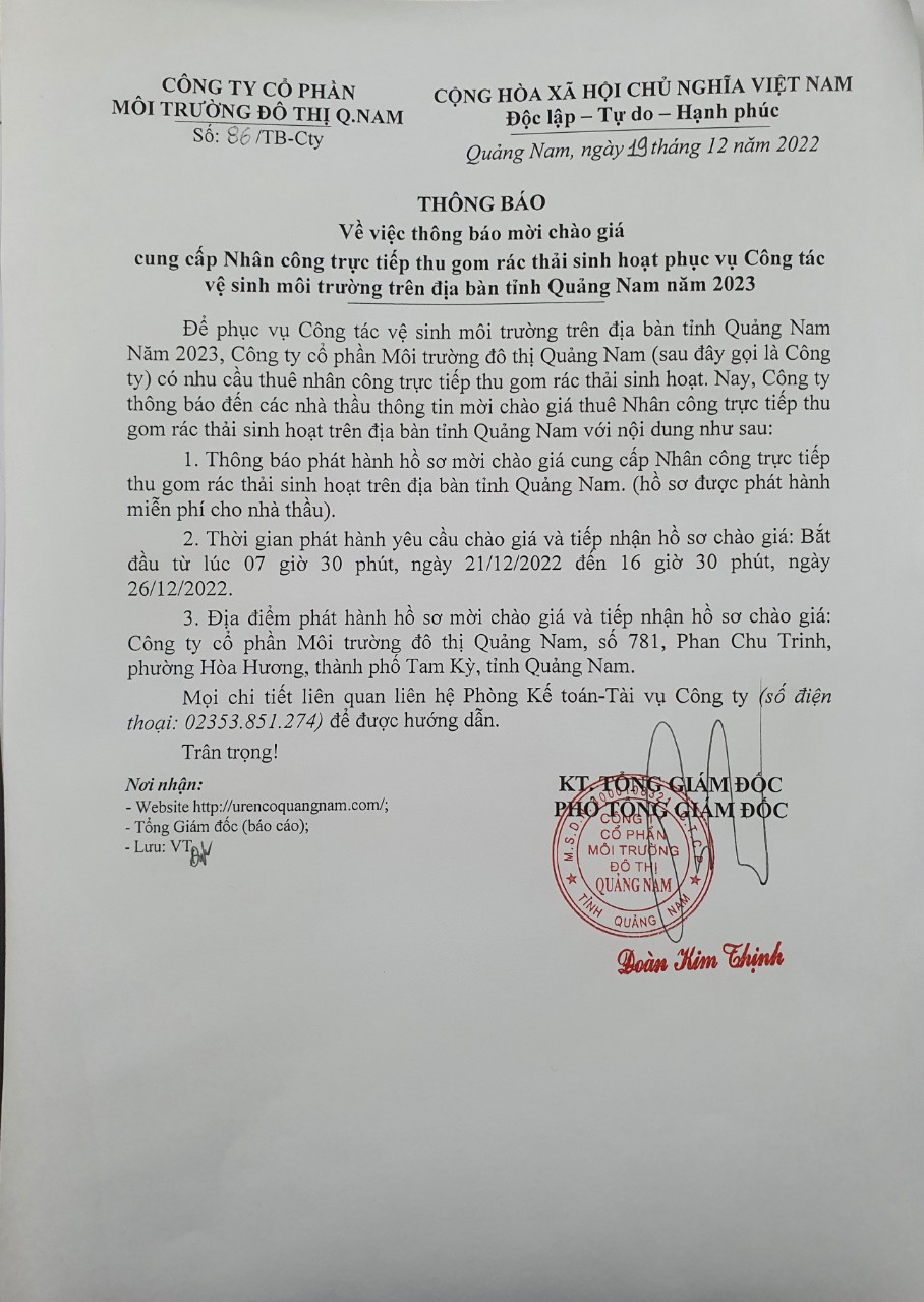 Thông báo phát hành hồ sơ mời chào giá cung cấp nhân công và máy thi công phục vụ Công tác vệ sinh môi trường trên địa bàn tỉnh Quảng Nam năm 2023